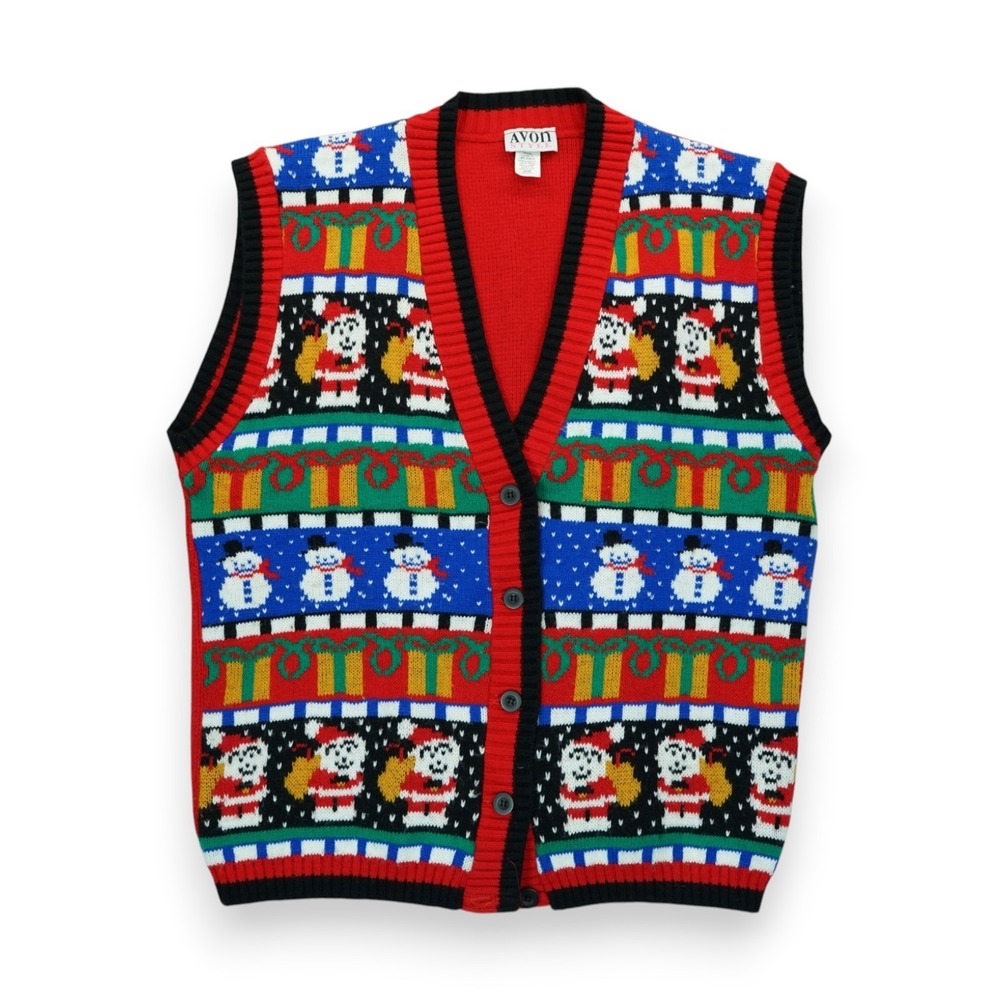 AVON 1980s Vintage Ugly Christmas Sweater Vest with Santa And Snowmen Size 2X/3X